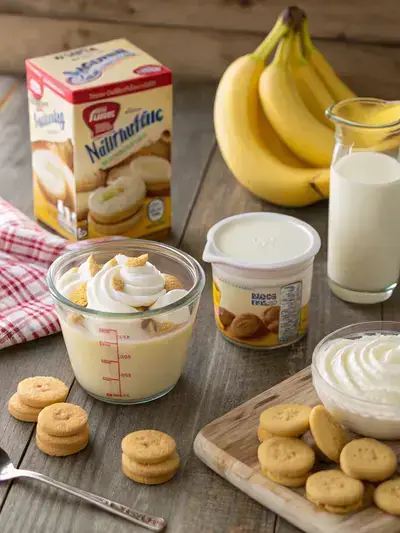 Ingredients for Walking Banana Pudding displayed on a wooden kitchen table, including banana pudding mix, milk, mini vanilla wafers, sliced banana, and cool whip.