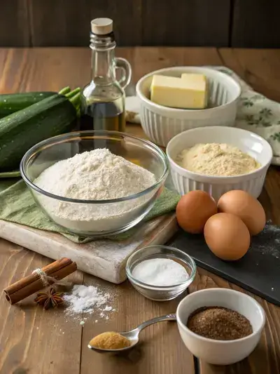 A rustic kitchen table displaying various ingredients for zucchini bread, including flour, sugar, butter, eggs, and fresh zucchini.