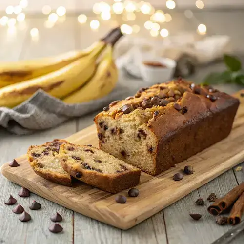 Sliced chocolate chip banana bread revealing a moist crumb and chocolate chips, with a blurred background of bananas and a cutting board.
