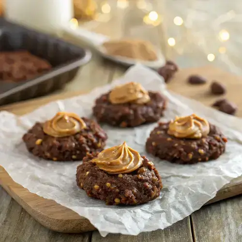 Textured chocolate peanut butter cookies with oats and peanut butter swirls on crinkled wax paper.