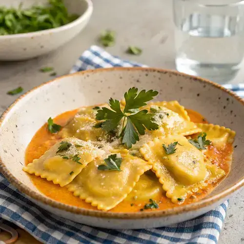 A plate of lobster ravioli with creamy sauce and parsley, set against a cozy kitchen backdrop.