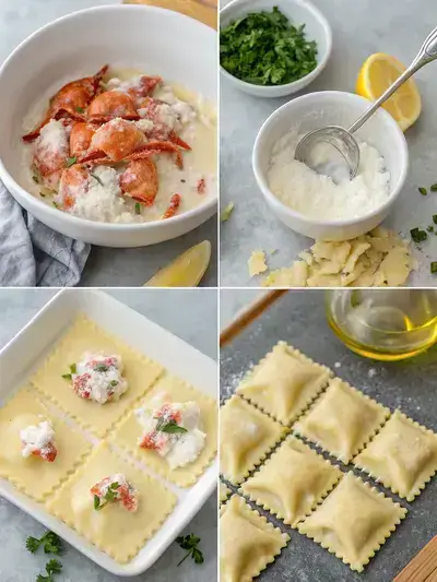 Process of making lobster ravioli, including filling preparation, ravioli shaping, cooking, and sauce creation.