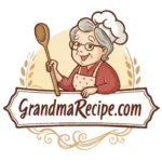 Illustration of a smiling grandma in a chef hat and apron, holding a wooden spoon, with the text "GrandmaRecipe.com" below her.