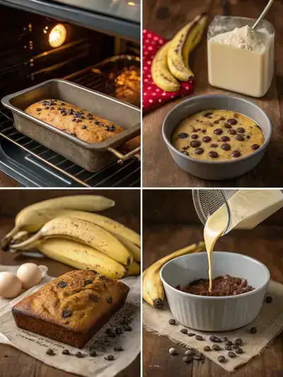 Step-by-step process of making Chocolate Chip Banana Bread, showcasing the preparation stages in a cozy kitchen.