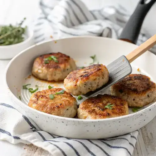 A skillet filled with chicken breakfast sausage patties, showcasing their crispy edges and herbs in soft morning light.
