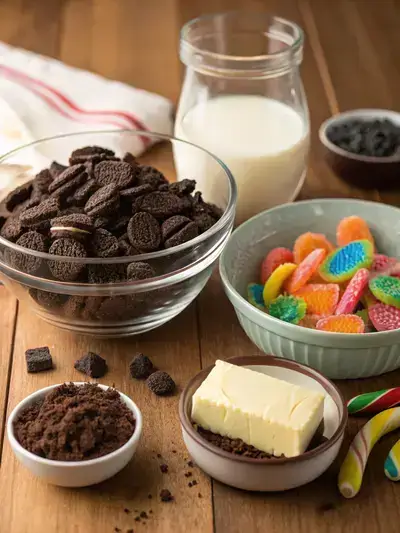 Ingredients for Oreo Dirt Pie displayed on a kitchen table, including crushed Oreo cookies, melted butter, cream cheese, powdered sugar, whole milk, chocolate pudding mix, whipped topping, and gummy worms.