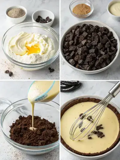 Step-by-step process of making Oreo Dirt Pie, showcasing mixing ingredients and assembling the pie.
