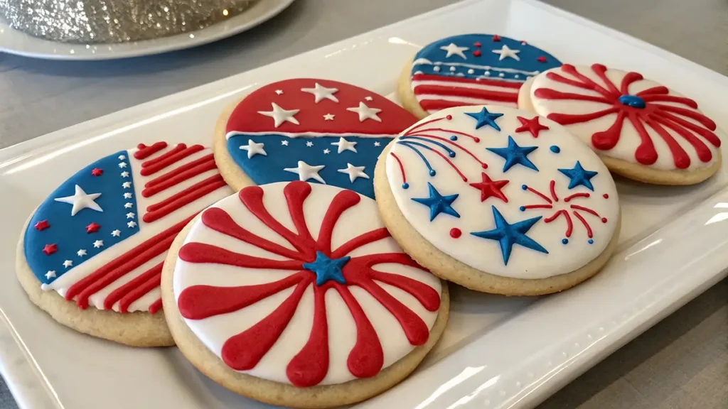 A plate of round sugar cookies decorated with red, white, and blue icing in patriotic designs including stars, stripes, and fireworks, symbolizing American Independence Day.