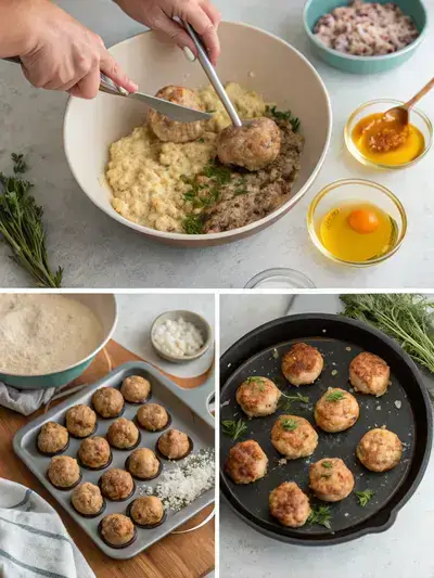 Step-by-step preparation of Chicken Breakfast Sausage, including mixing ingredients, forming balls, cooking in a skillet, and serving on a plate.