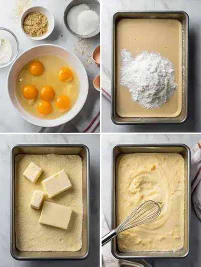 A divided image showing the preparation steps for sheet pan pancakes, including mixing ingredients and adding toppings.
