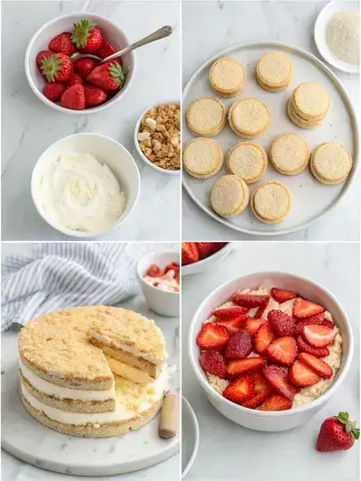 Step-by-step preparation of Strawberry Shortcake Icebox Cake, showcasing ingredients and layering process.