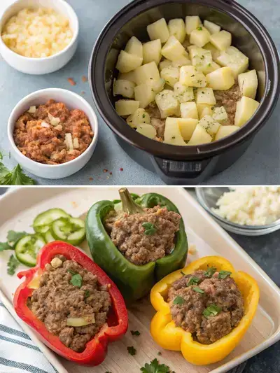 A step-by-step visual guide to preparing Slow Cooker Meatloaf Stuffed Peppers, featuring fresh ingredients and the final dish served on mashed potatoes.