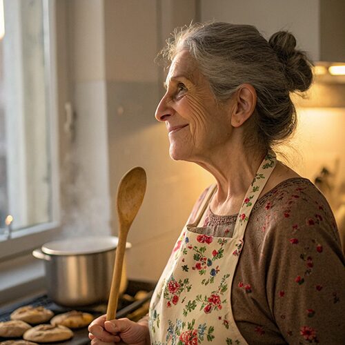Elderly woman in a floral apron holds a spoon and smiles while cooking near a window-lit stove.