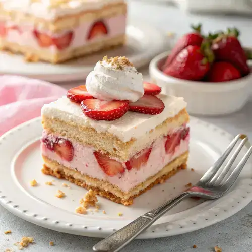 Slice of strawberry shortcake icebox cake with whipped cream and strawberry crumble, served on a ceramic plate.