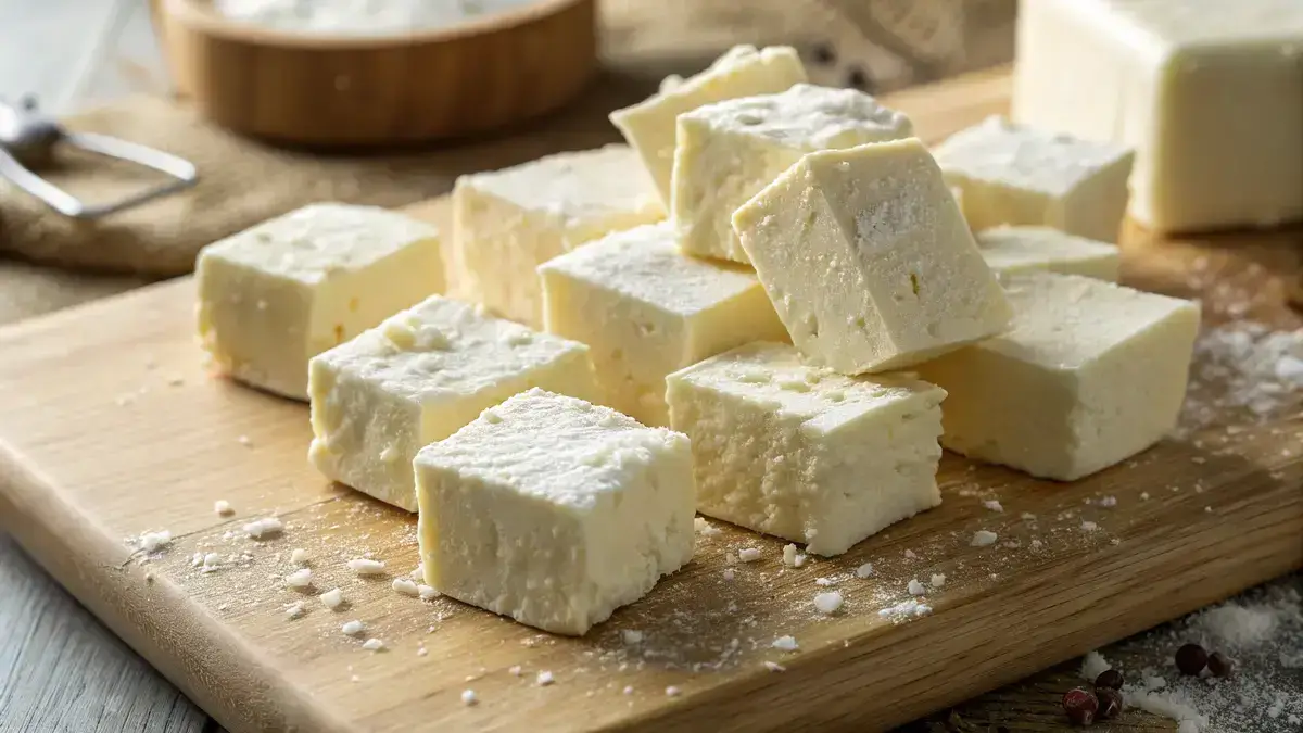 Close-up of creamy white cubes of India cottage cheese on a wooden cutting board, lightly dusted with flour, with a blurred background of kitchen elements.