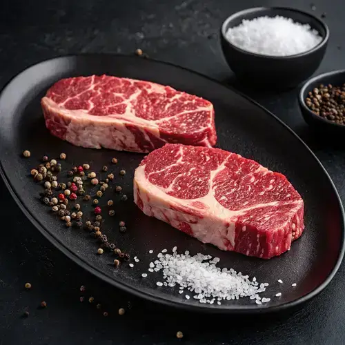 Close-up of marbled steak cuts on a sleek black plate, with coarse salt and black peppercorns adding contrast.