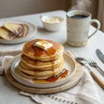 A plate of stacked pancakes topped with butter and syrup, accompanied by a mug of coffee and flatbread in the background.