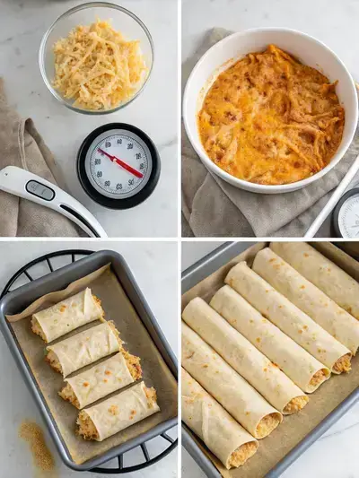 Step-by-step process of making Chicken Cheese Taquitos, including preheating the oven, mixing the filling, preparing tortillas, and arranging taquitos on a baking sheet.