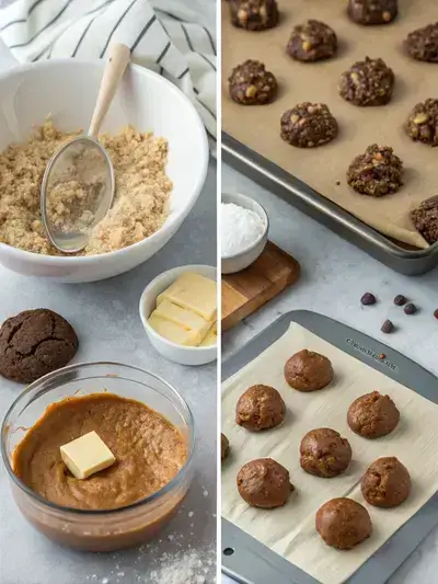 Step-by-step process of making Chocolate Peanut Butter Cookies, including stirring oats, heating chocolate mixture, combining with peanut butter, and scooping onto wax paper.
