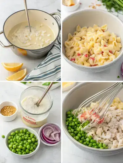 Step-by-step preparation of Crab Pasta Salad, showcasing cooking pasta, making dressing, combining ingredients, and mixing salad.