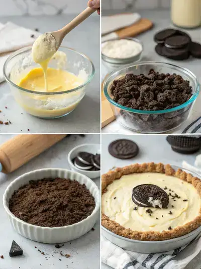 Step-by-step process of making No Bake Oreo Cream Pie, showcasing crushed Oreos, mixing with butter, forming the crust, and filling it with cream.