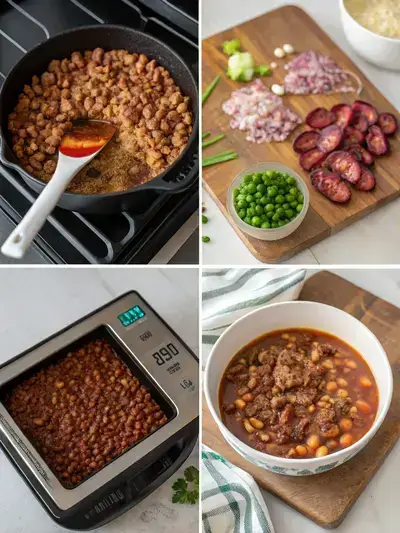 Four-step process of making Calico Beans, showcasing preheating oven, browned ground beef, chopped bacon, and mixed beans in a baking dish.