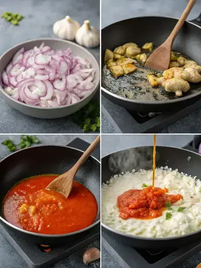 A step-by-step visual representation of preparing India cottage cheese, showcasing oil heating, sautéed onions, garlic and ginger, and tomato puree in a pan.