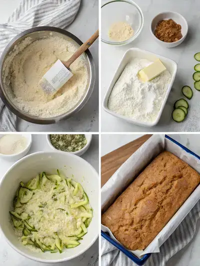 Four-step process of making zucchini bread, including preheating the oven, mixing dry ingredients, creaming butter and sugars, and pouring batter into a loaf pan.