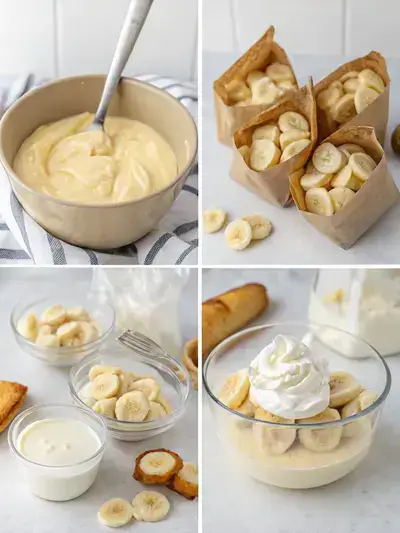 Four-step process of making Walking Banana Pudding, showing mixing pudding, preparing wafer bags, filling with pudding, and topping with bananas and whipped cream.