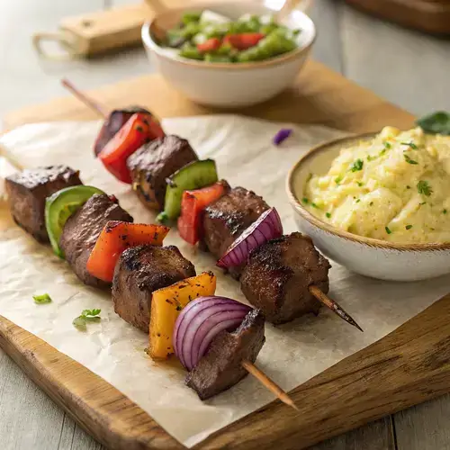 Grilled beef kabobs served with potato salad on a rustic wooden board.