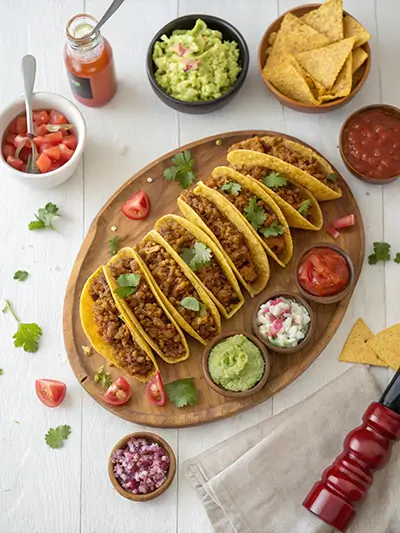Taco Dinner Board with crispy beef tacos, guacamole, salsa, and toppings on a wooden platter