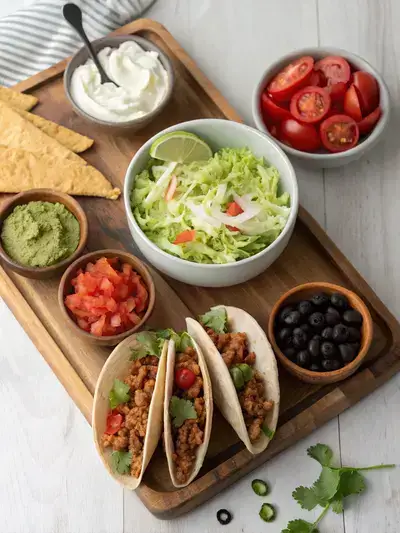 A beautifully arranged taco dinner board featuring taco shells, toppings, and dips on a wooden serving board.