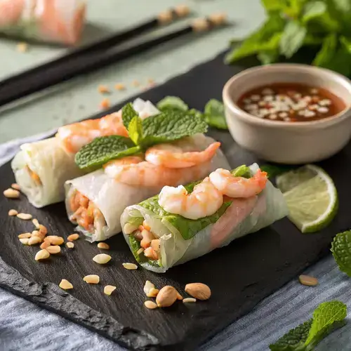 Artistic presentation of Vietnamese Rice Paper Rolls with shrimp and mint, served with crushed peanuts and peanut sauce.