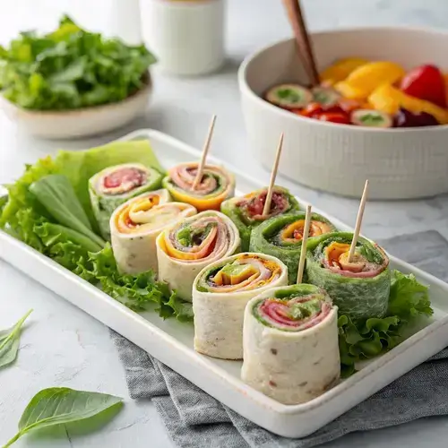 Close-up of pinwheel sandwiches on a white table, highlighting the intricate spirals and fresh ingredients.