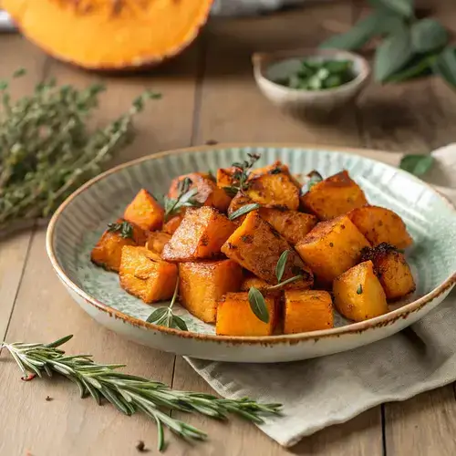 A close-up of golden roasted autumn frost squash with thyme and sage.