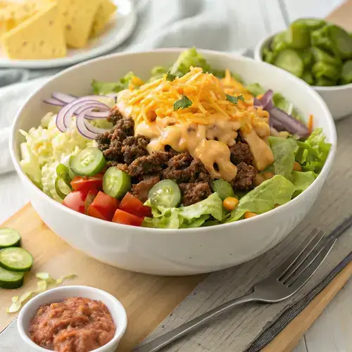 A vibrant Big Mac Salad displayed in a bowl, highlighting fresh ingredients.