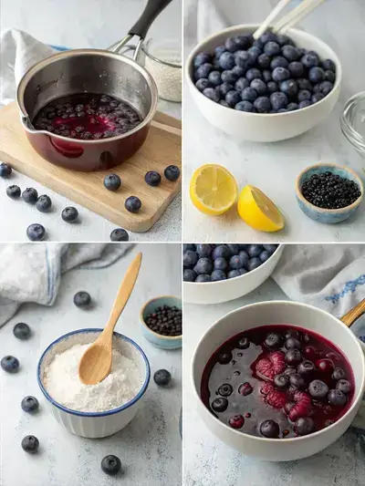 Step-by-step process of making blueberry compote, from combining ingredients to serving the finished dish.