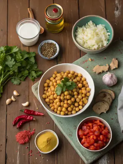 Ingredients for chickpea curry displayed on a kitchen table, including chickpeas, spices, and fresh vegetables.