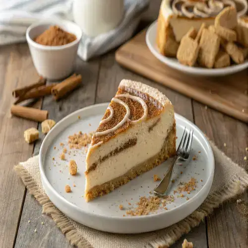 A dessert plate featuring a slice of churro cheesecake flan with a glossy layer of condensed milk and fresh strawberries, set against a blurred kitchen background.