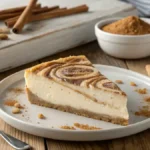 A close-up of a slice of golden-brown flan topped with diced strawberries and drizzled with sweetened condensed milk on a white plate, featuring churro cheesecake.