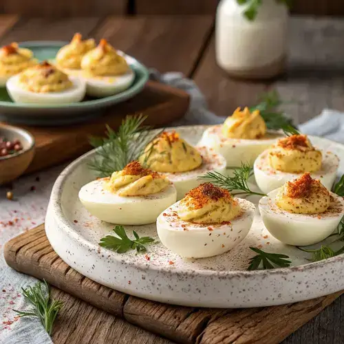 A colorful display of devilled eggs on a serving tray with fresh herbs.