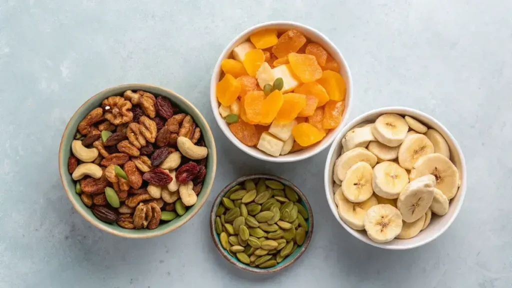Overhead view of three bowls filled with homemade trail mix snacks on a light gray surface.
