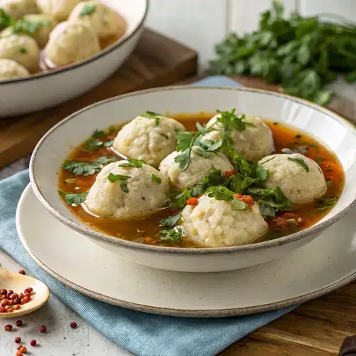 Fluffy bisquick dumplings served with a side of broth and herbs.