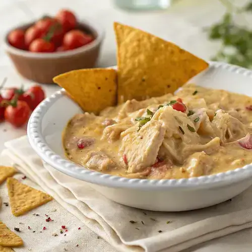 A white scalloped bowl filled with creamy chicken enchilada casserole, accented by a metal spoon and a soft background.