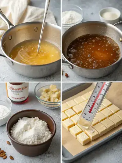 Detailed visual representation of the process for crafting Martha Washington Candy, highlighting the ingredients and cooking phases.