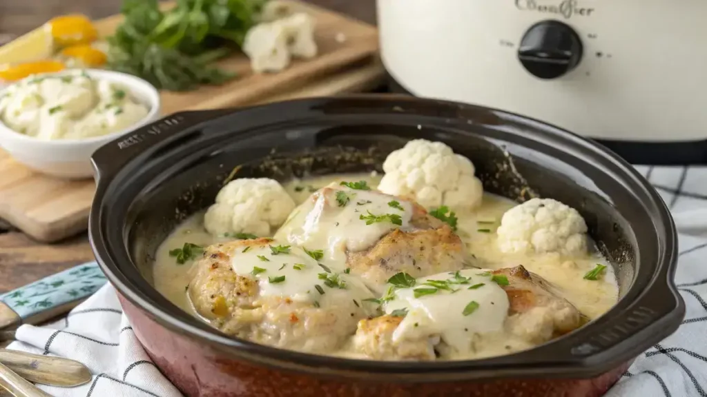 Keto Crockpot Recipes with chicken thighs and cauliflower in a creamy sauce topped with mozzarella cheese.