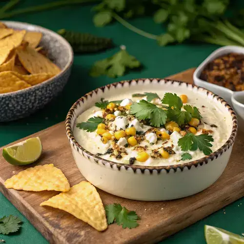 A rustic presentation of Mexican Street Corn Dip in a textured bowl, with crispy tortilla chips and fresh basil on a wooden cutting board.