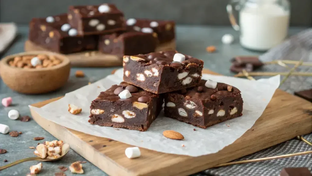 Essentials for making Rocky Road Fudge, featuring a saucepan, chocolate chips, and marshmallows.