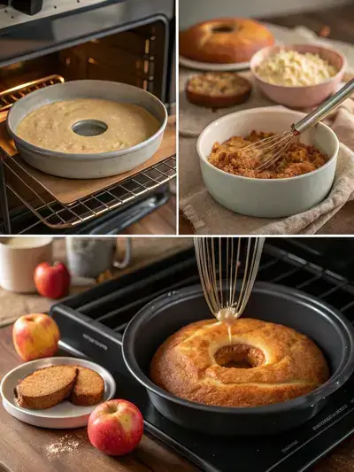 Four key steps in the making of Apple Cider Doughnut Cake, featuring pan preparation, apple cider simmering, dry ingredient mixing, and batter pouring.