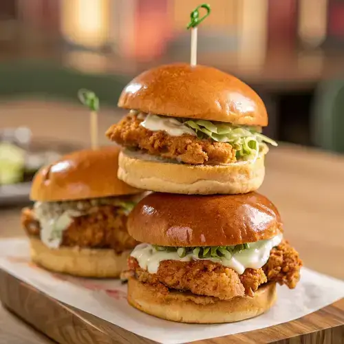 Three crispy chicken burgers with lettuce and mayonnaise on a rustic wooden table, surrounded by pickles.
